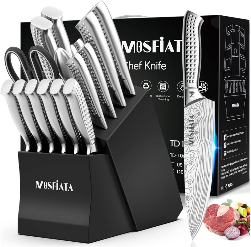 MOSFiATA Japanese Stainless Steel Knife Set, 17 Pcs with Block, Knife Sharpening Rod, Dishwasher Safe, Dad Birthday Gift - Image 1